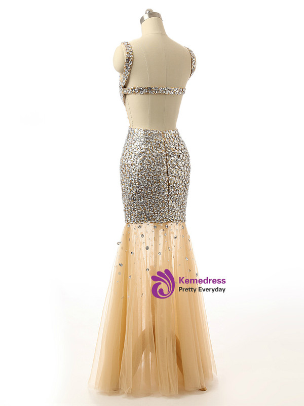 Mermaid Golden Beading Sequins Backless Tulle Formal Prom Dress