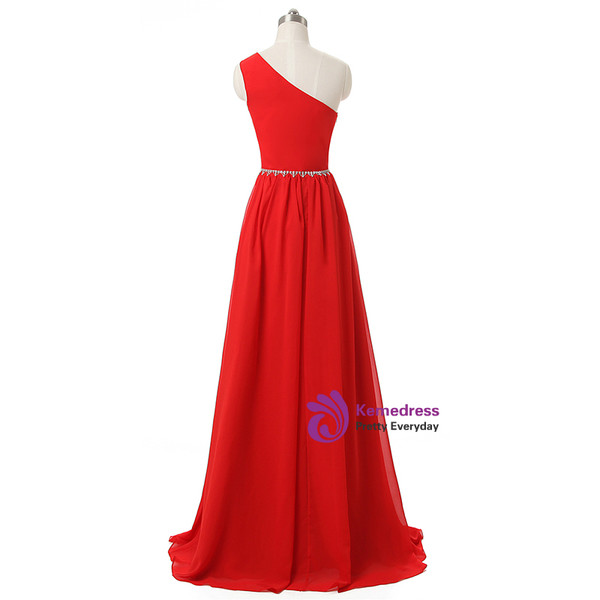 One Shoulder Red Floor Length A Line Red Chiffon Bridesmaid Dresses