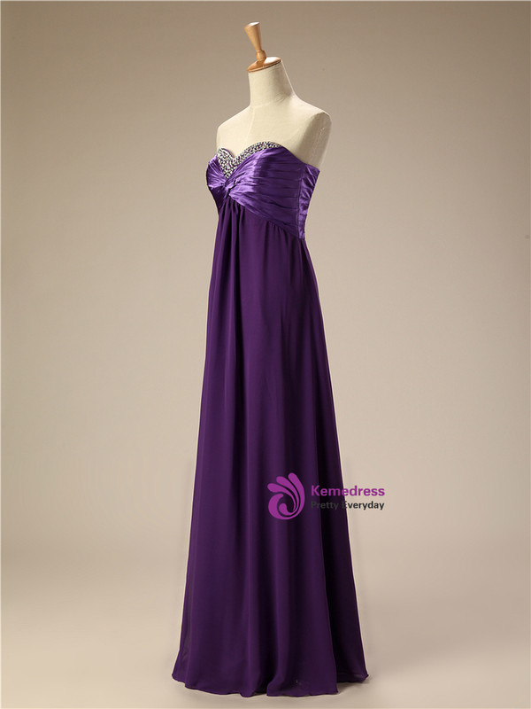 A Line Strapless Chiffon Purple Floor Length Bridesmaid Dress