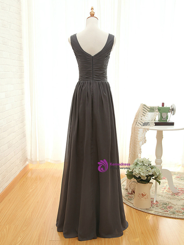 Gray V-neck Chiffon Backless Pleat Bridesmaid Dress