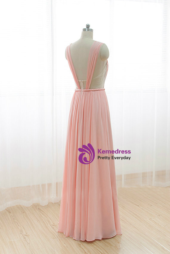 Cheap Pink Straps Chiffon Pleats Backless Bridesmaid Dress
