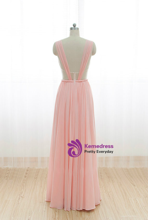 Cheap Pink Straps Chiffon Pleats Backless Bridesmaid Dress