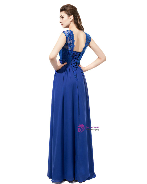 V Neck Royal Blue Chiffon With Lace Bridesmaid Dresses