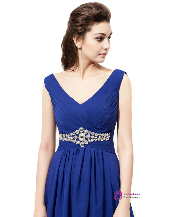 Royal Blue Chiffon V-neck Pleats Bridesmaid Dresses