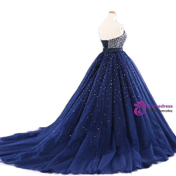 Navy Blue Ball Gown Tulle Sweetheart With Beaded Bodice Prom Dresses