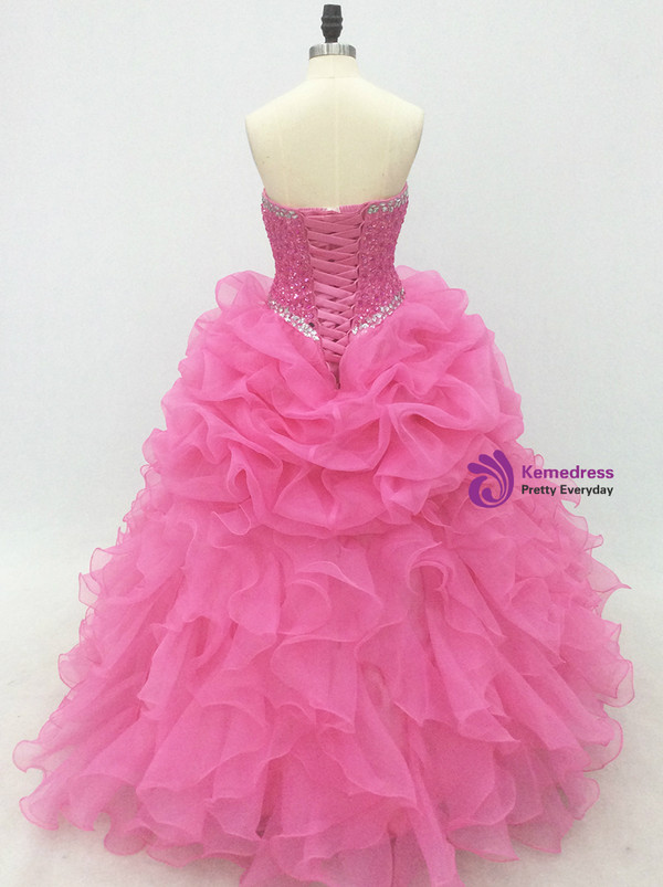 Pink Long Elegant Lace-Up Organza Prom Dress With Beaded Bodice