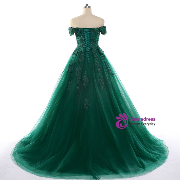 Dark Green Lace Appliques Short Sleeve Ball Gown For 15 Quinceanera Dresses