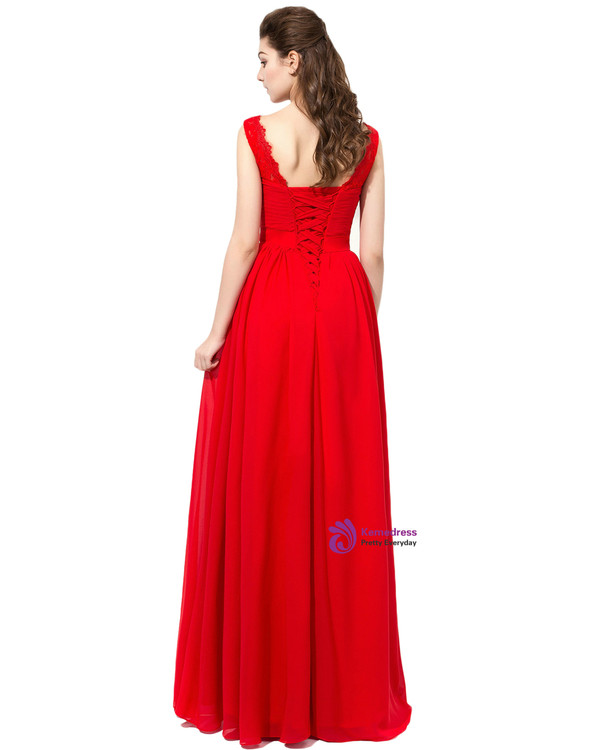 Red Chiffon V-neck Pleats Floor Length Bridesmaid Dress