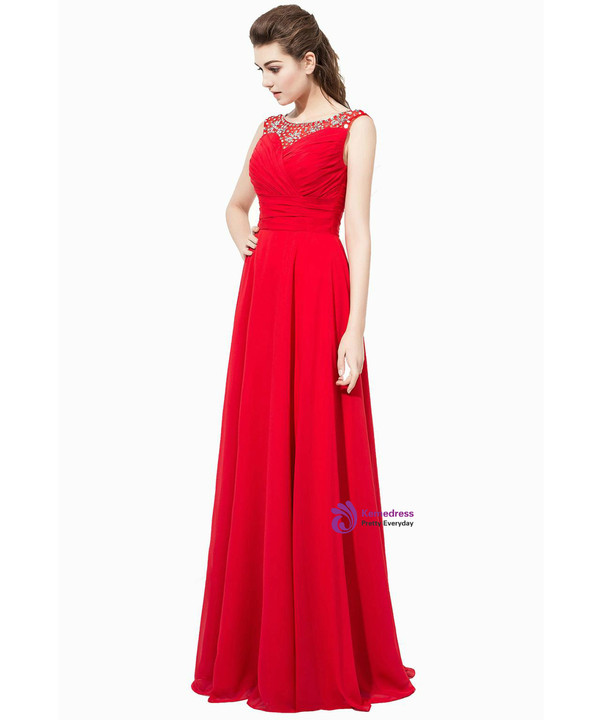 Red Chiffon Featuring Beaded Bodice With Sheer Bateau Neckline Bridesmaid Dress