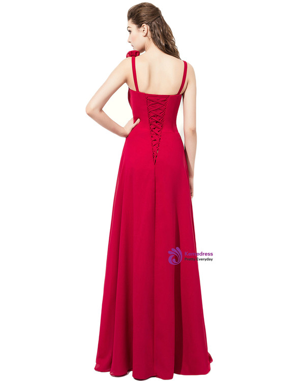 Burgundy Chiffon Floral Spaghetti Straps Bridesmaid Dress