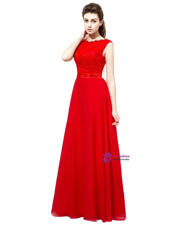 Red Chiffon Lace Floor Length Bridesmaid Dress