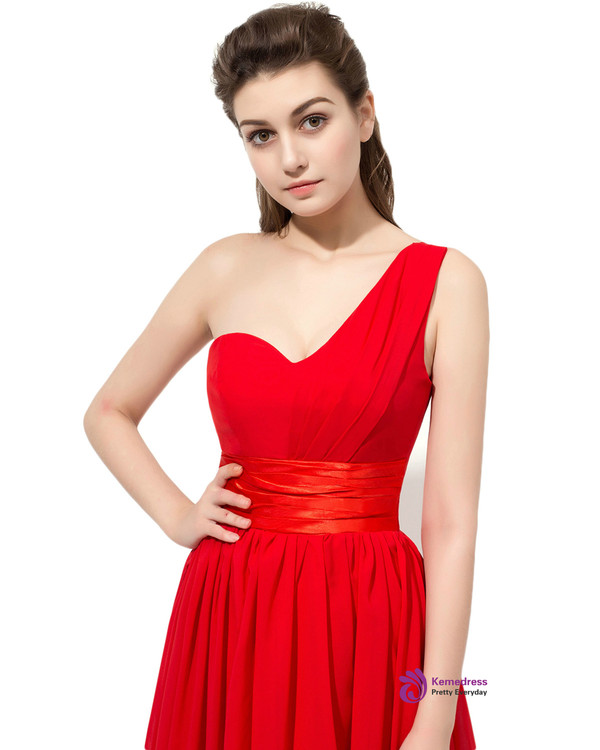 Red Ruched One Shoulder Chiffon Bridesmaid Dress