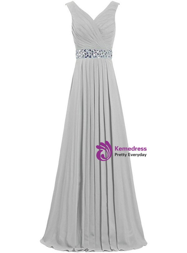 A-Line Chiffon V-neck Floor Length Bridesmaid Dress With Beading