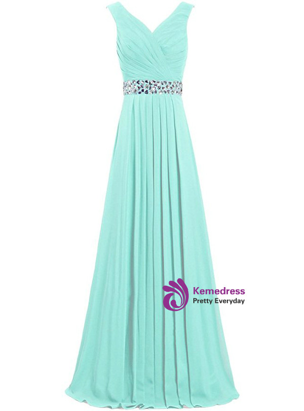 A-Line Chiffon V-neck Floor Length Bridesmaid Dress With Beading