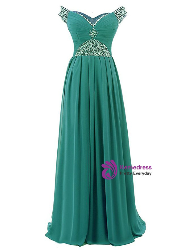 A-Line Off The Shoulder Chiffon Beading Pleats Bridesmaid Dress