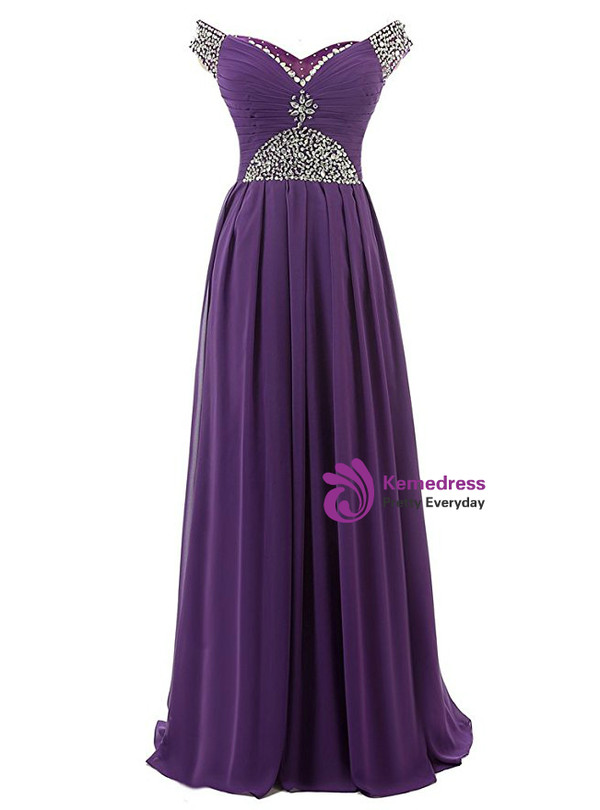 A-Line Off The Shoulder Chiffon Beading Pleats Bridesmaid Dress