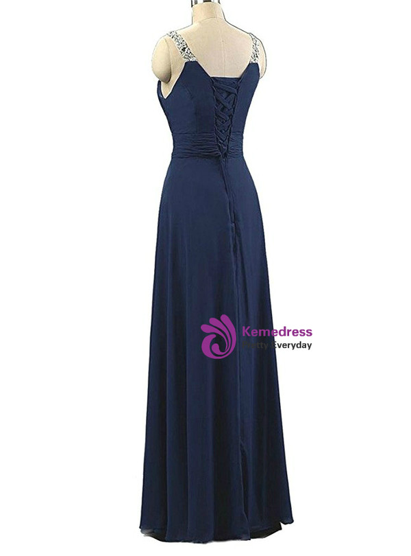 A-Line Spaghetti V-neck Chiffon Pleats Beading Bridesmaid Dress