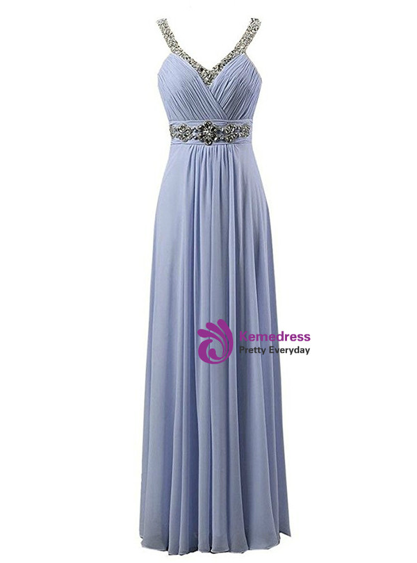 A-Line Spaghetti V-neck Chiffon Pleats Beading Bridesmaid Dress