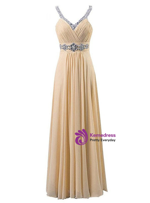 A-Line Spaghetti V-neck Chiffon Pleats Beading Bridesmaid Dress