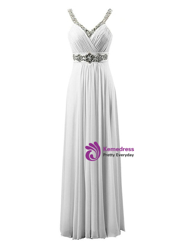 A-Line Spaghetti V-neck Chiffon Pleats Beading Bridesmaid Dress