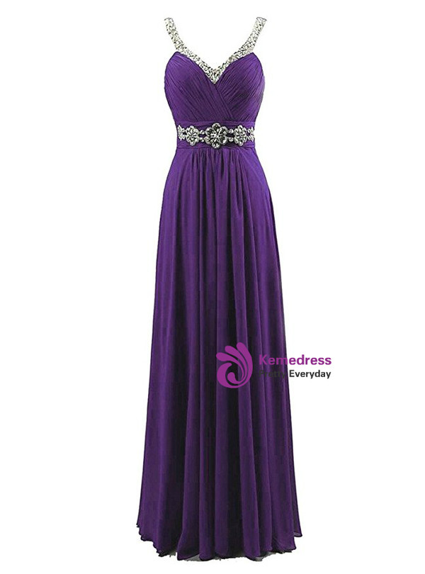 A-Line Spaghetti V-neck Chiffon Pleats Beading Bridesmaid Dress