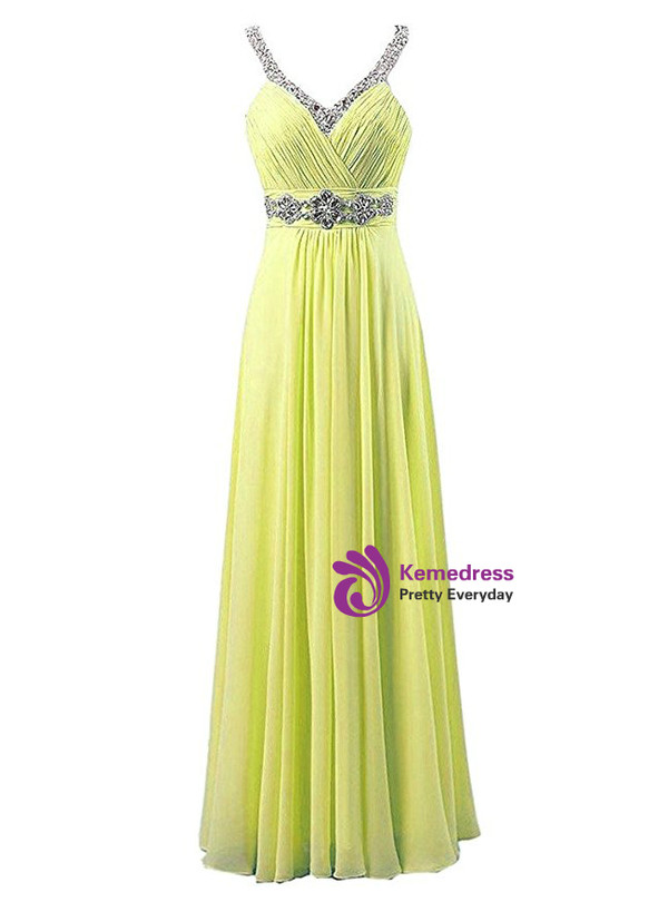A-Line Spaghetti V-neck Chiffon Pleats Beading Bridesmaid Dress