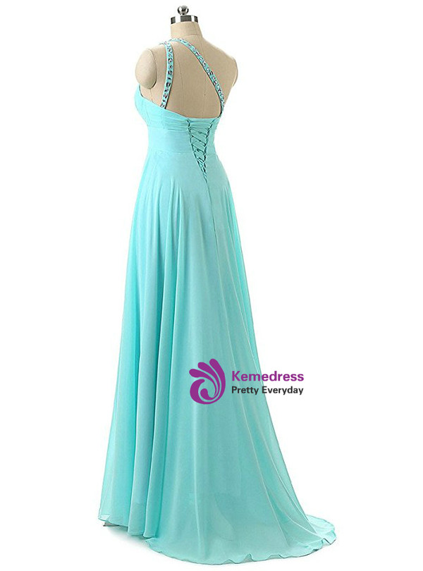 A-Line One Shoulder Chiffon Pleats Crystal Bridesmaid Dress