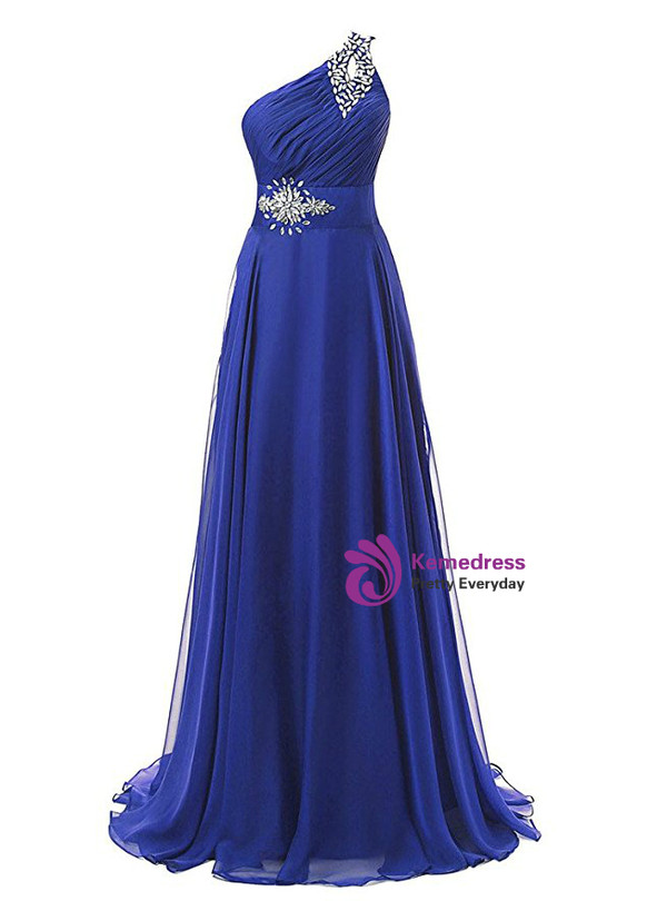 A-Line One Shoulder Chiffon Pleats Crystal Bridesmaid Dress