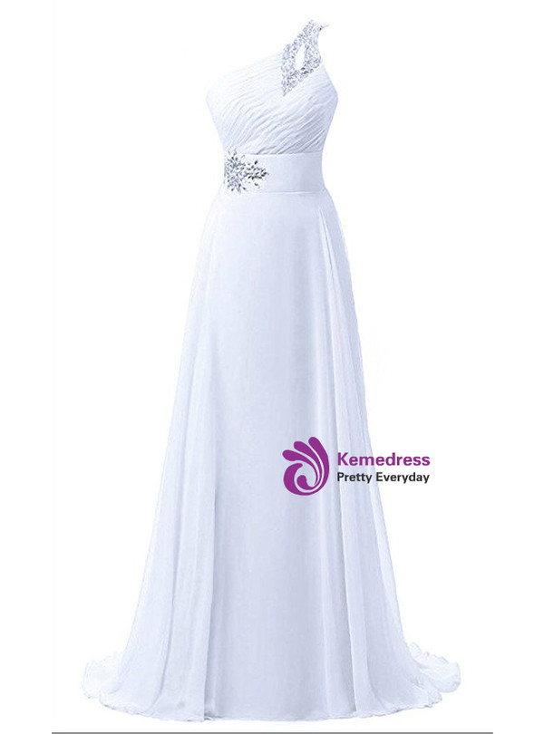 A-Line One Shoulder Chiffon Pleats Crystal Bridesmaid Dress