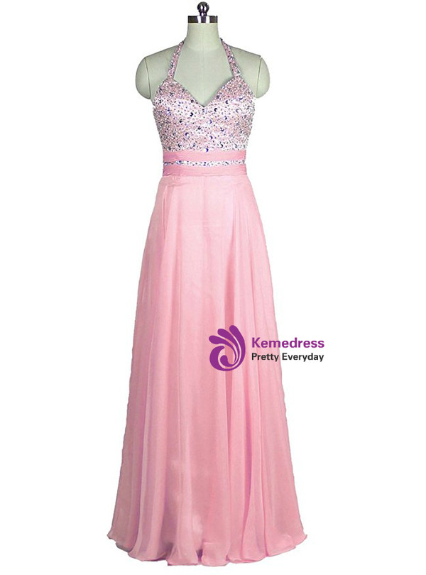 A-Line Halter Backless Chiffon Bridesmaid Dress With Beading