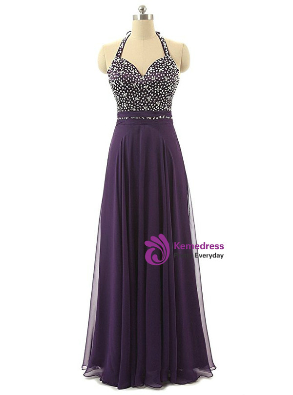 A-Line Halter Backless Chiffon Bridesmaid Dress With Beading