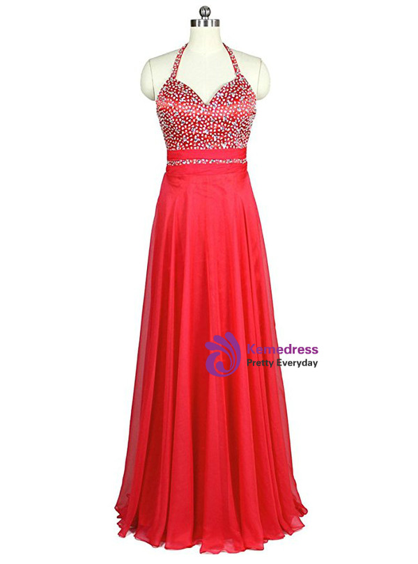 A-Line Halter Backless Chiffon Bridesmaid Dress With Beading