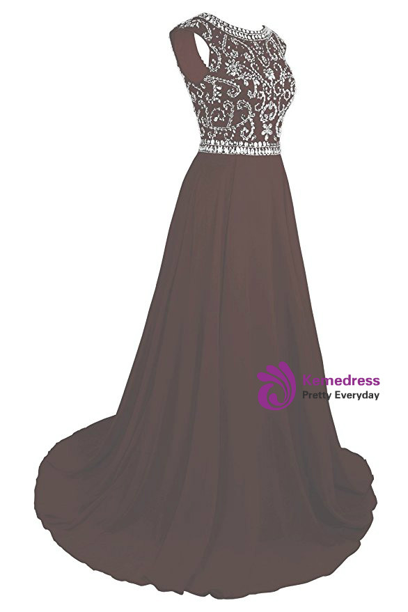 A-Line Chiffon Backless Cap Sleeve Prom Dress With Beading