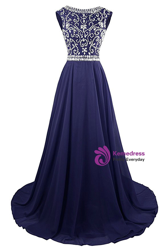 A-Line Chiffon Backless Cap Sleeve Prom Dress With Beading