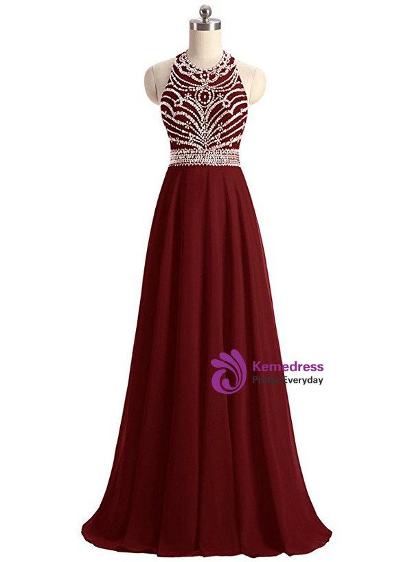 A-Line Halter Backless Chiffon Beading Sequins Prom Dress