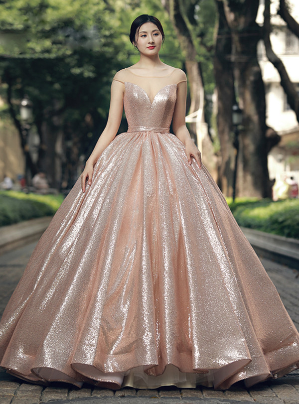 Ball Gown Floor Length Gold Sequins Backless Wedding Dress
