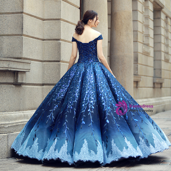 Blue Ball Gown Off The Shoulder Bling Bling Sequins Wedding Dress