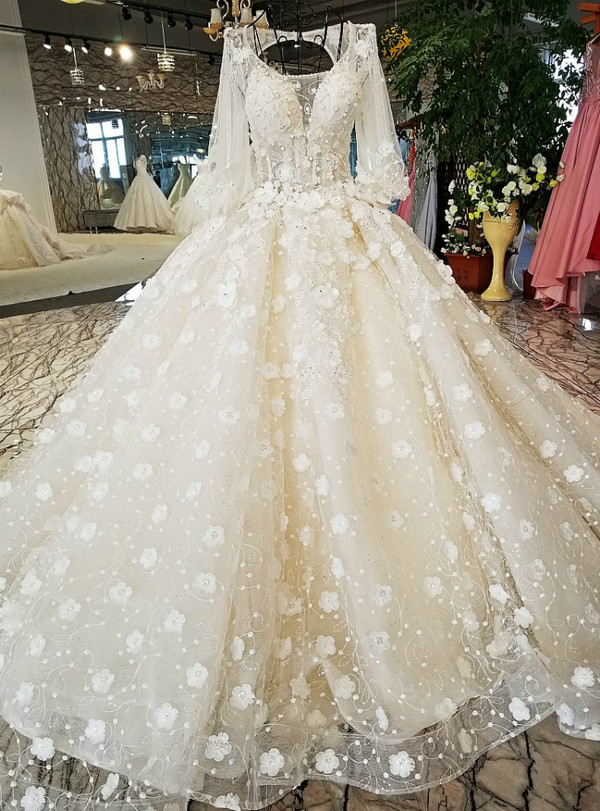 White Ball Gown Long Sleeve Backless Tulle Appliques Wedding Dress