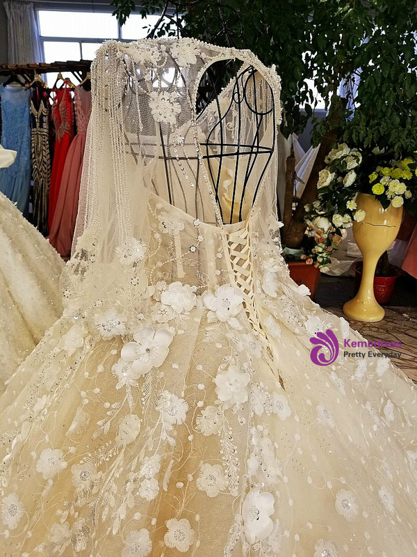 White Ball Gown Long Sleeve Backless Tulle Appliques Wedding Dress