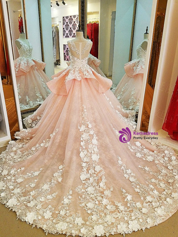 Luxury Pink Ball Gown Tulle Appliques Long Train Wedding Dress