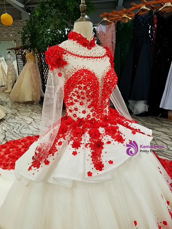 White Long Sleeve Tulle Appliques High Neck Long Train Wedding Dress