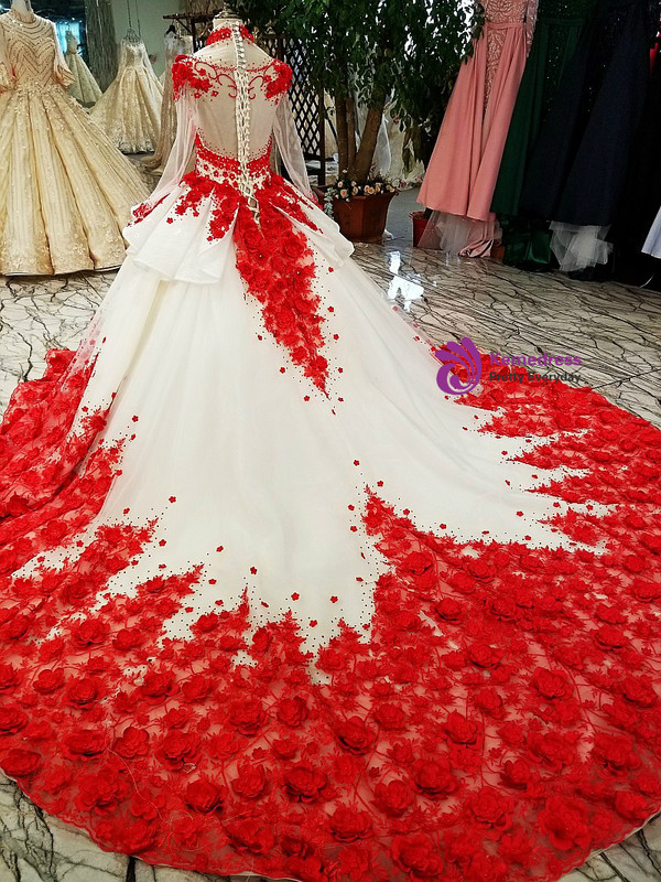 White Long Sleeve Tulle Appliques High Neck Long Train Wedding Dress