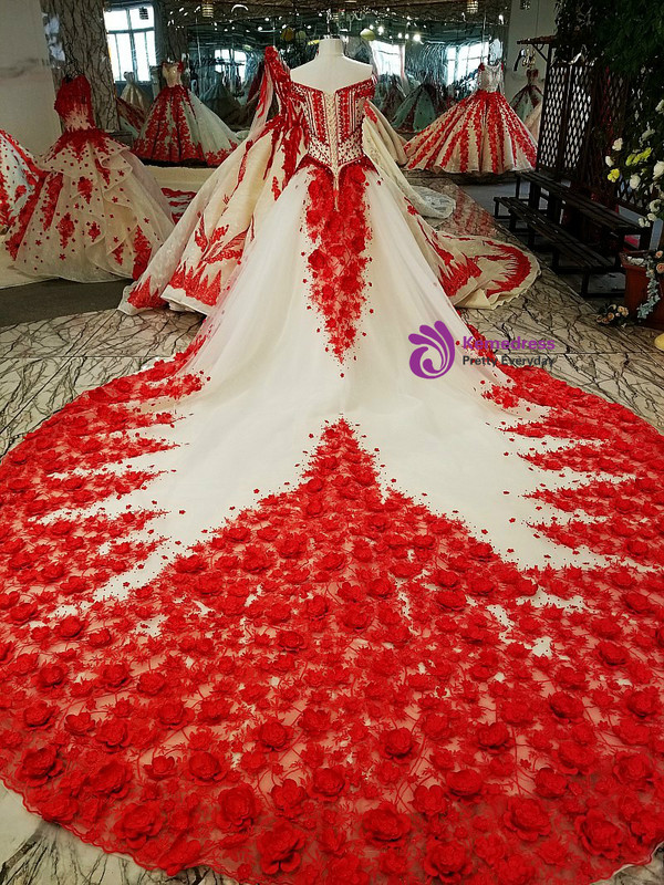 Luxury Ball Gown Tulle Flower Off The Shoulder Wedding Dress