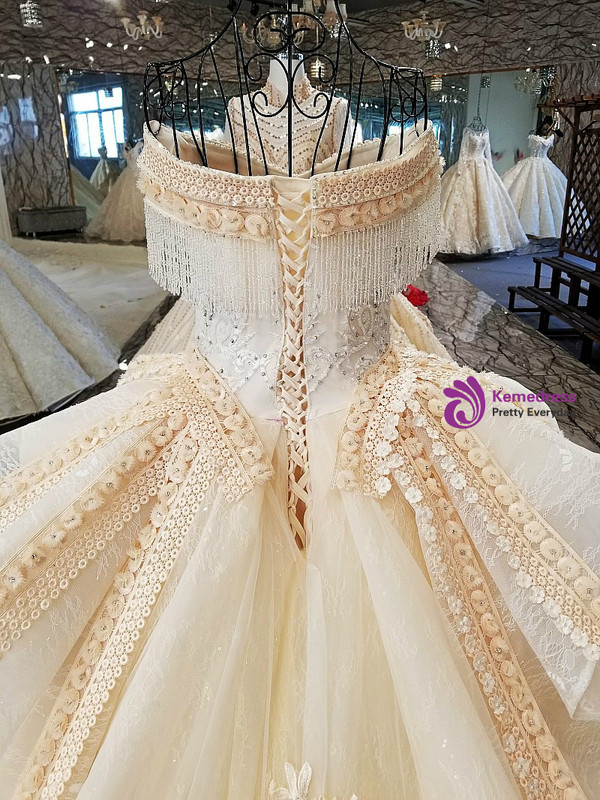 Ball Gown Champagne Off The Shoulder Long Train Wedding Dress