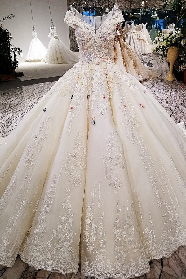 Luxury Ball Gown Champagne Off The Shoulder Long Train Wedding Dress