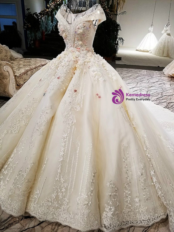 Luxury Ball Gown Champagne Off The Shoulder Long Train Wedding Dress