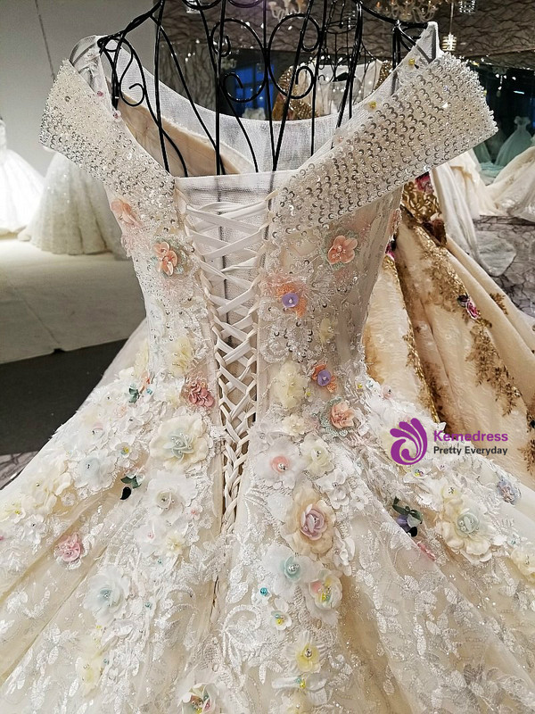 Luxury Ball Gown Champagne Off The Shoulder Long Train Wedding Dress