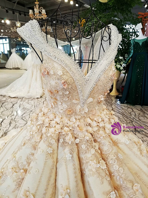 Luxury Ball Gown Champagne Backless Appliques Beading Haute Couture Wedding Dresses