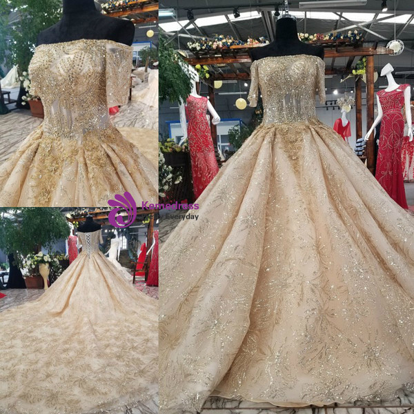 Luxury Gold Ball Gown Short Sleeve Sequins Tulle Haute Couture Wedding Dresses