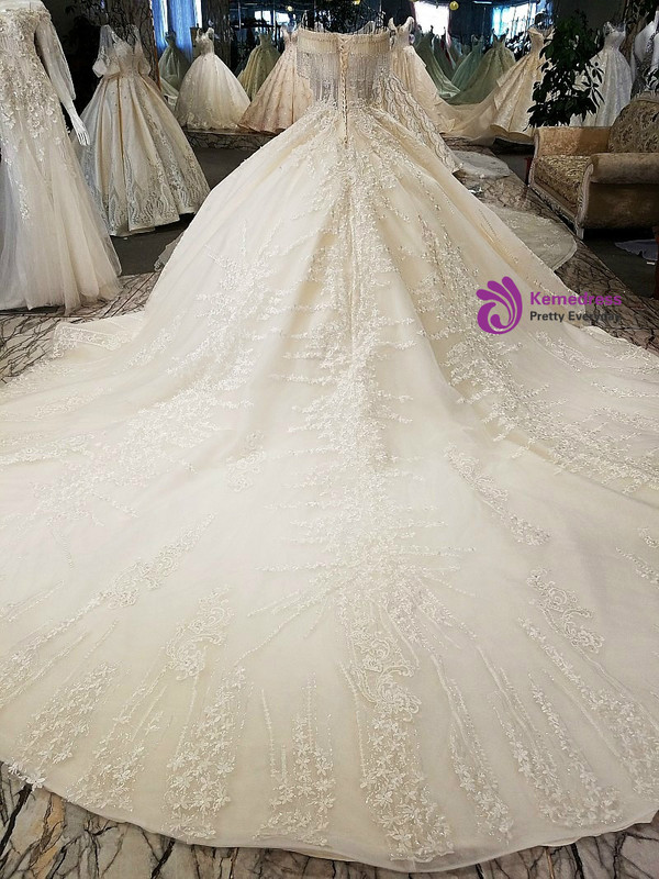 Luxury Off The Shoulder Ball Gown Ivory Long Train Haute Couture Wedding Dresses